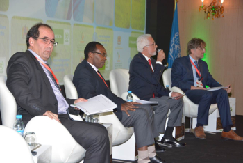 From right to left: Dr. Rainer Baritz, Dr. Joseph G. Mureithi (Deputy Director General of Kenya Agricultural and Livestock Research Organization (KALRO) and Director of ACT), Mr. Yousr Tazi (Conference Animator) and Dr. Rachid Mrabet (Research Leader, Hea